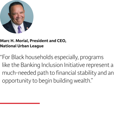 Quote: For Black households especially, programs like the Banking Inclusion Initiative represent a much-needed path to financial stability and an opportunity to begin building wealth. A headshot of Marc H. Morial, President and CEO, National Urban League, appears above the quote text.