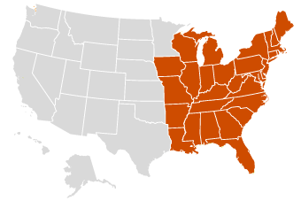 Image of a map showing highlighted eastern states: AL, AR, CT, DC, DE, FL, GA, IA, IL, IN, KY, LA, MA, MD, ME, MI, MO, MS, NC, NH, NJ, NY, OH, PA, RI, SC, TN, VA, VT, WI, WV